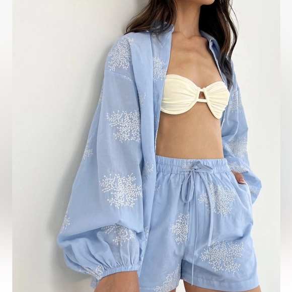 Commense Pants - Commense M Semi-Sheer Plant Embroidery Casual Shorts Set Blue cc4